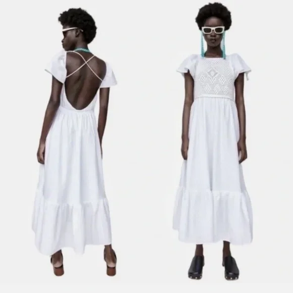 ZARA WHITE COTTON FLUTTER SLEEVE CROCHET BODICE CROSS BACK SUMMER MIDI DRESS - Picture 3 of 13